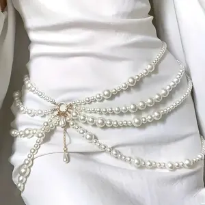 Multilayer Pearl Waist Chains for Women Imitation Pearl Metal Ring Tassel Belt Fashion Elegant Body Jewelry Clothing Accessories