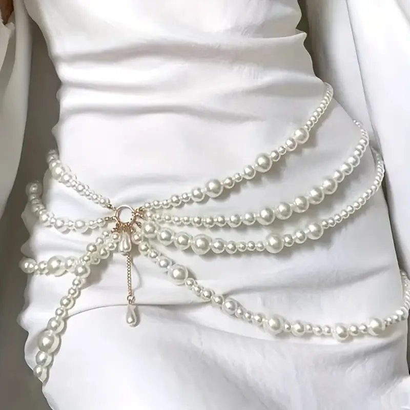 Women's Multilayer Imitation Pearl Waist Chains with Metal Ring Tassel - Fashionable Elegant Body Jewelry, Clothes Accessories, Belts