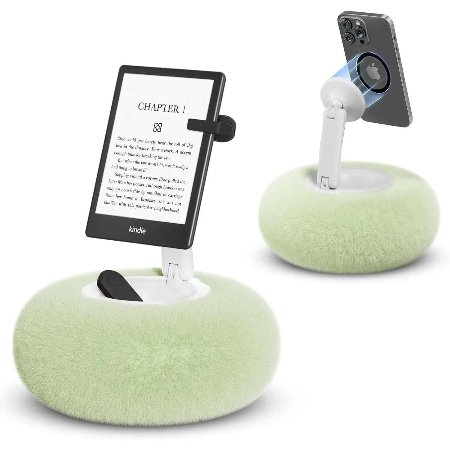 Phone Pillow Stand, Adjustable Phone Holder for Bed,Lap,Desk, Cozy Pillow Holder with Bowl and Suction Cup, Compatible with 3.5-7" ,E-Reader, Kindle, Green