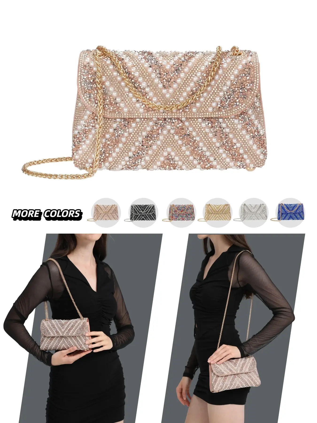 Women's Elegant Evening Bag with Pearls & Rhinestones, Metal Chain Strap Crossbody Clutch for Parties, All Season Fashion Accessory