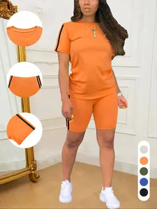 Women's Summer Casual Sport Two-Piece Set, Short Sleeve Top + Cycling Shorts, Side Color Block Stripes, Elastic Comfort Fabric, Athletic Sports Clothing, Sportswear All Seasons, Shorts Set Tracksuits