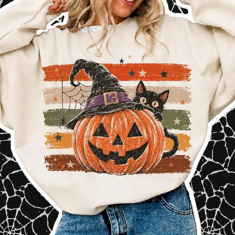 Retro Fall Pumpkin Sublimation Sweatshirt, Striped Take Me To The Pumpkin Patch Sweatshirt Girly Halloween Cat, Autumn Boutique Sweatshirt