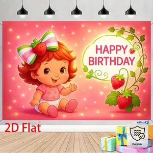 2D Flat, 2D Flat Banner, 1pc Adorable Strawberry-Themed "Happy Birthday" Backdrop - Vibrant Pink & Green Design with Cute Cartoon Girl & Strawberries, Durable, Ideal for Birthday PartiesOpen in New Tab., 2D Flat