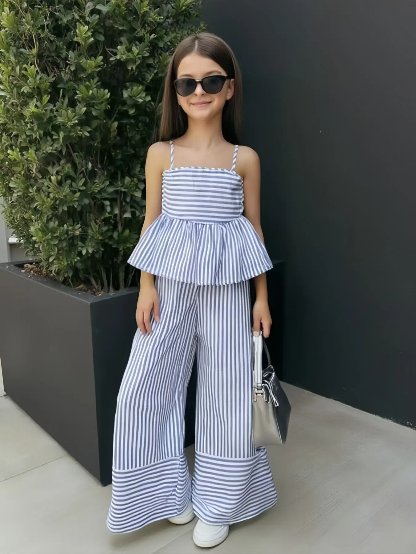 Young Girls Striped Camisole Top and Straight Leg Pants Set, Summer Holiday Style, Streetwear, 2 Piece, Sleeveless, Fitted, Ruffle Design, Clothes, Outfit