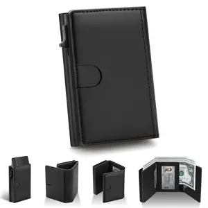 Men's Leather Slim Wallet Compact Design for Cards and Cash One-Click to Pop Up RFID Blocking | ID Window | 9-14 Card Capacity