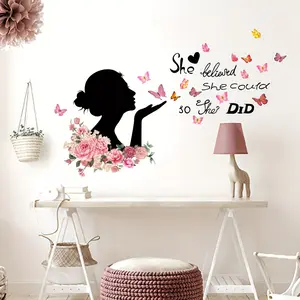 A Valentine's Day girl butterfly inspirational phrase wall sticker, room decoration wall sticker, self-adhesive floral flower wall sticker MS200