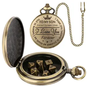 Vintage Watch Pocket with Dice Set, 1 Set Bronze Pocket Watch with Chain, Dice Game Toy for Teens & Adults, Dungeons and Dragons Party Favors