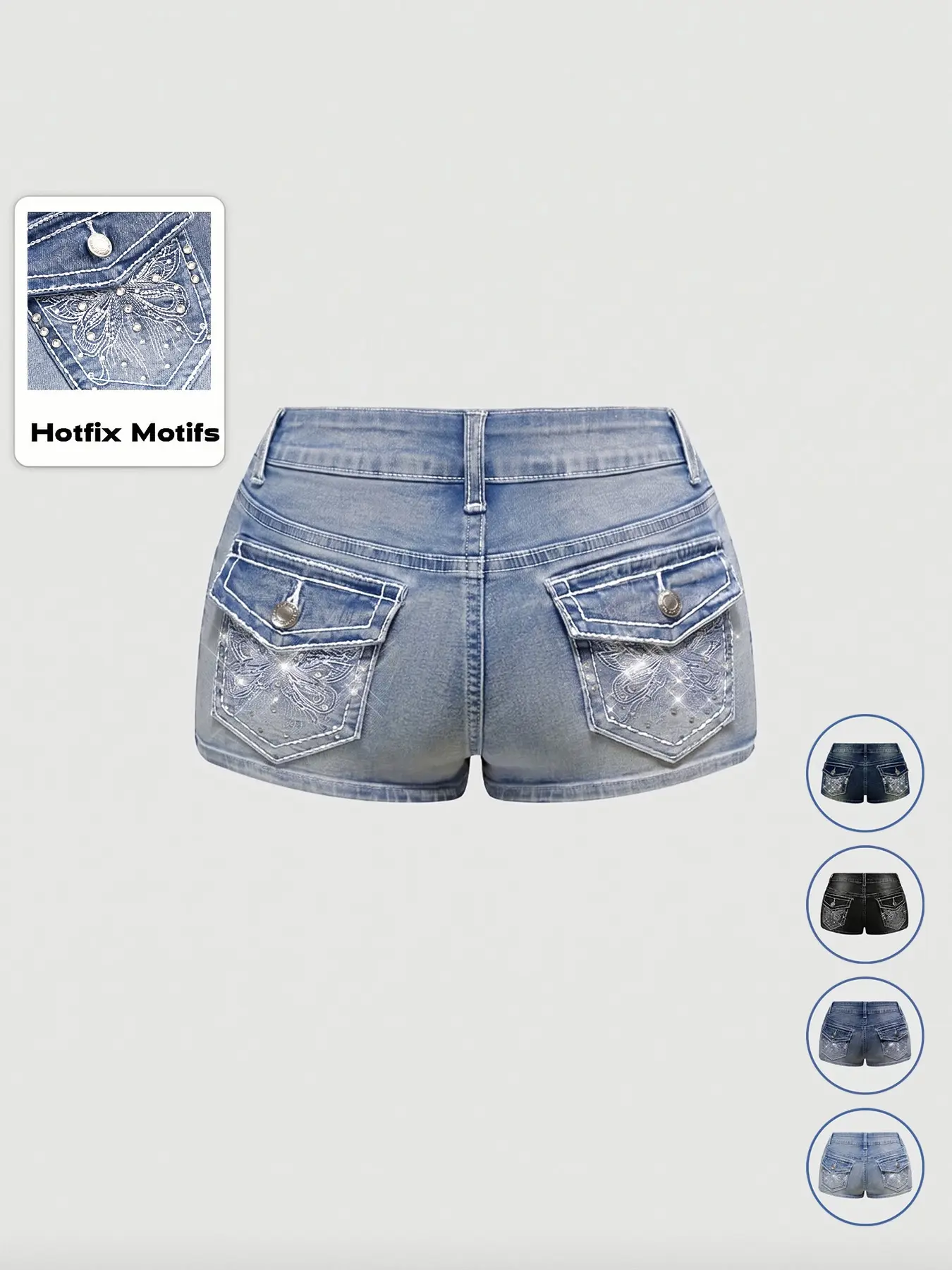 Women's Y2K Butterfly Embroidered Rhinestone Low-Rise Stretch Denim Shorts, Low Waist, Light Wash, Fashionable and Comfortable