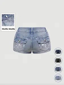 Women's Y2K Butterfly Embroidered Embroidery Rhinestone Low Waist Stretch Denim Bottom Shorts, Light Wash, Fashionable Trend and Comfortable, Perfect for Casual Wear, Womenswear