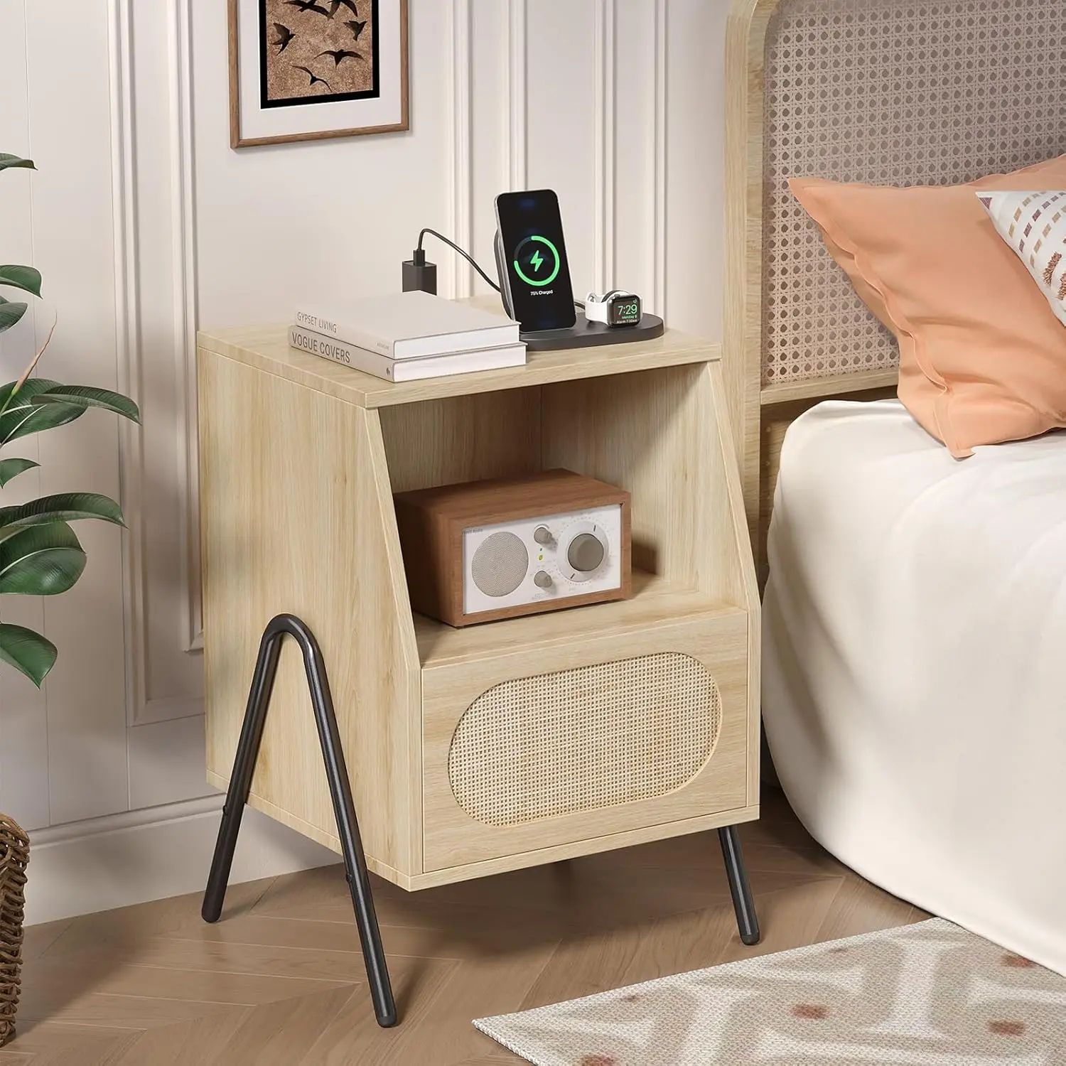 VINGLI Rattan Nightstand with Charging Station, 17.56" W Wood Nightstand with Drawers, Boho Nightstand Bedroom, Light Wood Nightstand Oak, Real Rattan Night Stand/Bed Side Table/End Table,15.75" D