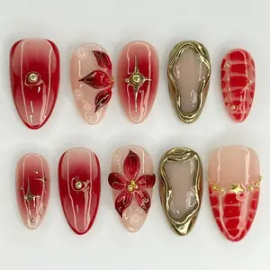 Elegant Wine Almond Shape Press-On Nails, Detachable Nail Art with Starburst Metal Lines, Perfect for Weddings and Evening Events, Flower Design Nails