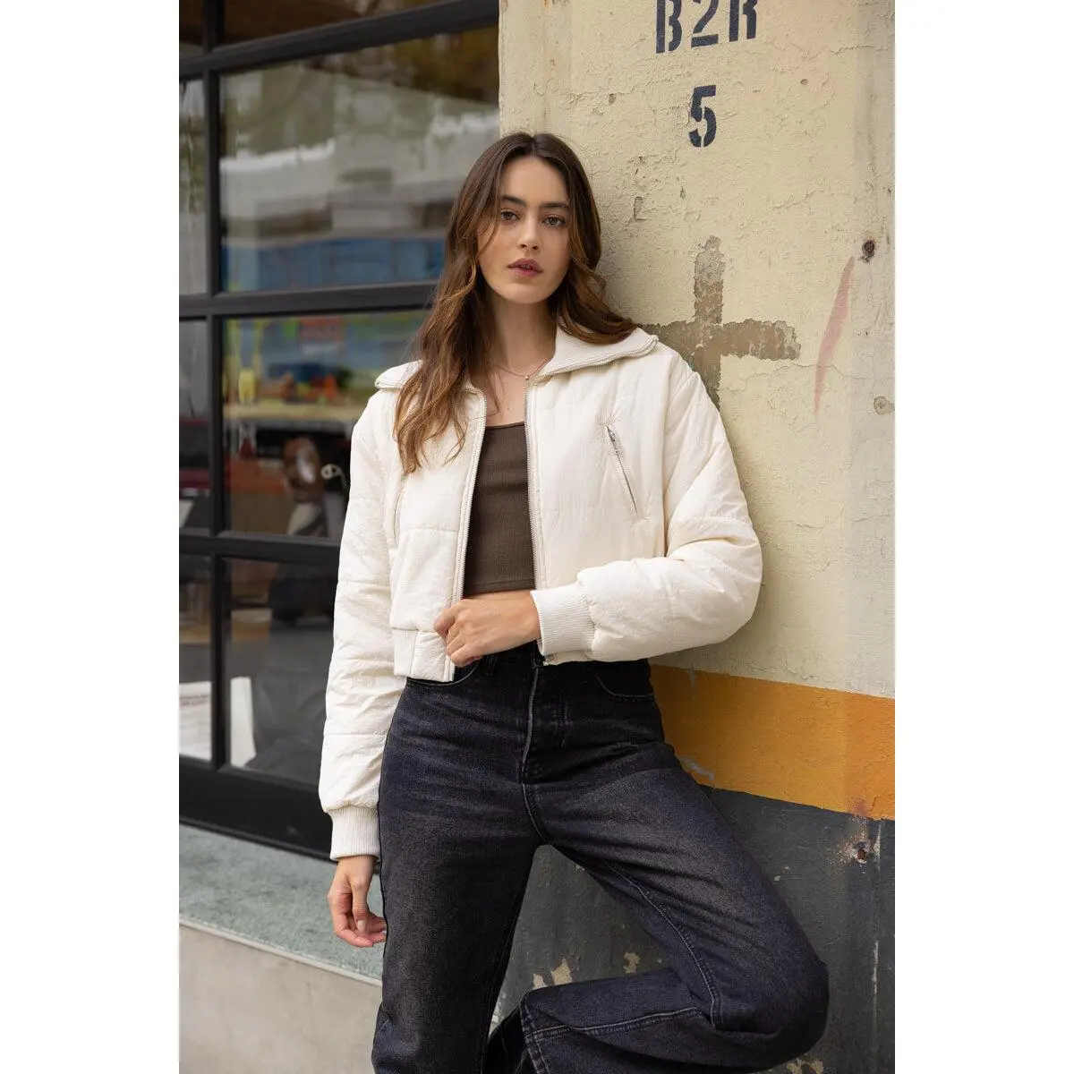Cropped Puffer Jacket with Knit Collar - Cream