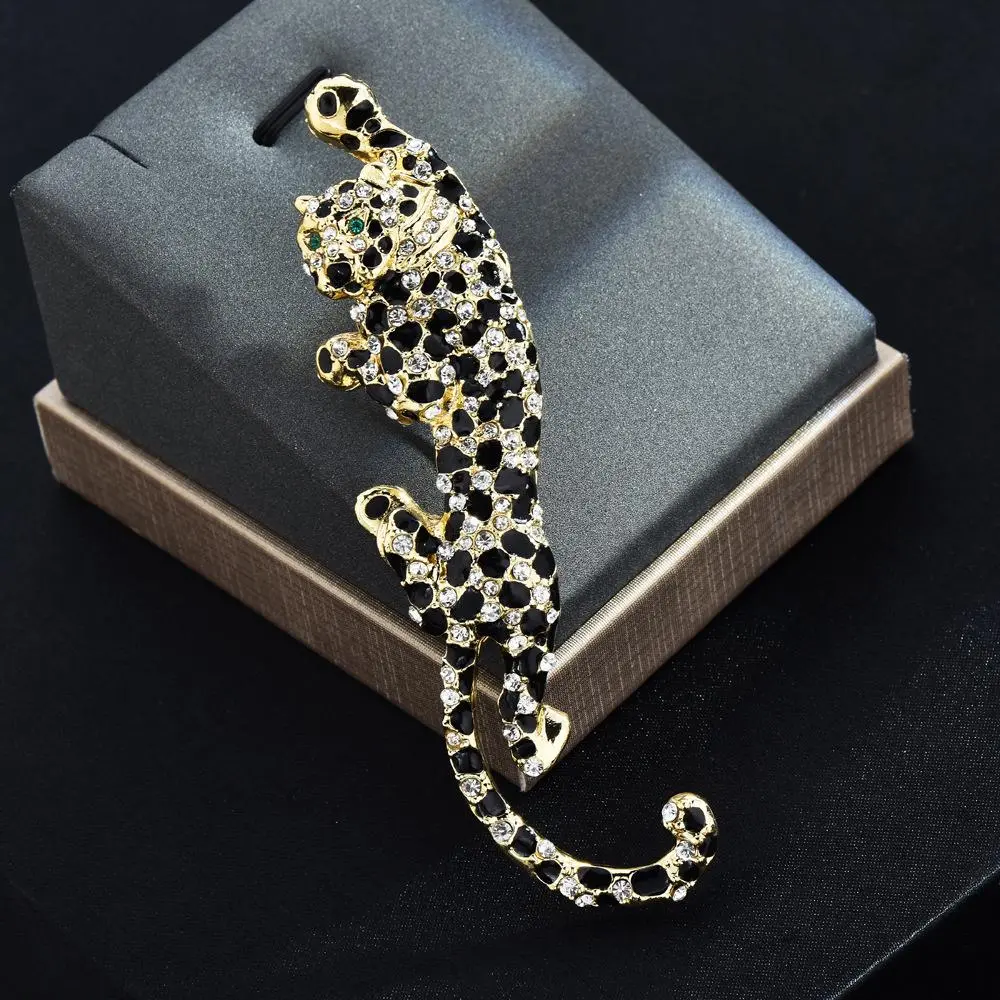 Vintage Leopard Brooch, Gold Tone with Black & Clear Rhinestone, Green Crystal Eyes