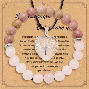 2pcs Natural Gemstone Bracelet 8mm Round Beaded Heart shaped Stone Healing Crystal Necklace Chakra Bracelet Ladies and Girls Gift Bracelet Necklace Gift