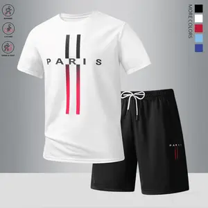 Men’s two-piece athletic set including a short-sleeve T-shirt and shorts; breathable, quick-drying, gradient striped design, regular fit; fashionable casual outdoor crew-neck short-sleeve T-shirt and shorts.