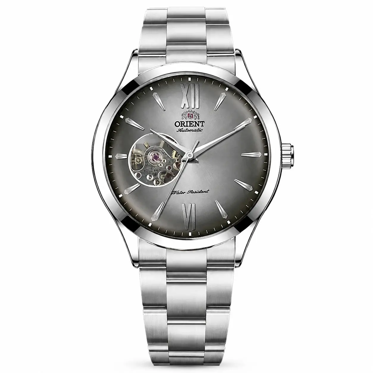 Men's Orient Stainless Steel Skeleton Automatic Mechanical Watch - Grey Sunburst Dial, Roman Numeral Markers, Visible Open-Heart Movement, Water Resistant, Business Casual Wristwatch, Premium Gentlemen's Gift