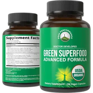 Organic Super Greens – 150 Capsules with 25 All-Natural Organic Ingredients, Green Juice Superfood Supplement for Max Energy & Detox, with Spirulina, Spinach, Kale, Turmeric & Probiotics