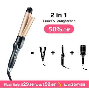 Multi Curl, Curling Iron with Heated Round Brush, 2 in 1 Hair Straightener and Curler, 1.2 inch Flat Iron Curling Iron, 50 Million Negative Ions, Floating Ceramic Plates, Anti-Scald Tip, 360° Swivel Cord, All Hair Types, Straight, Beach Waves, Tight Curls
