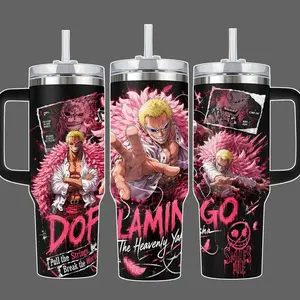 Doflamingo Heavenly Demon Anime Tumbler, Stainless Steel Insulated Cup 20oz/40oz with Straw Lid Included, Pink Feather Full OPiece Wrap Design