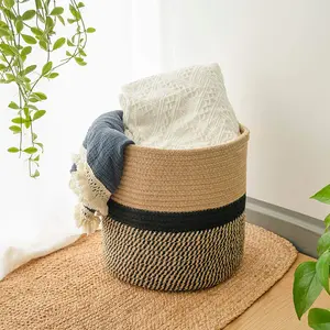 Cotton Rope Dirty Laundry Basket Woven Basket Flower Pot Basket Straw Round Storage Basket Home Decor Dirty Laundry Hamper Storage Basket