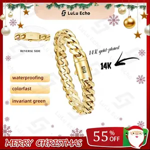 LuLuEcho Mens/Women 14K Gold-Plated Monaco Link Bracelet with Black "S" Clasp Chunky Hip Hop Chain for Men Punk Stainless Steel Street Style Waterproofing Colorfast