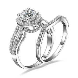 Round Cut Halo 925 Sterling Silver CZ Band Engagement Rings Set Size 3-12 B015