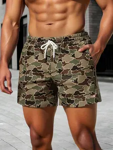 Men's Camo Random Pattern Drawstring Shorts, Camouflage Athletic Shorts, Summer Sports Shorts, Casual Sporty Shorts, Summer Casual Outdoor Hiking Swimming, Fitted Drop Waist Short Pants