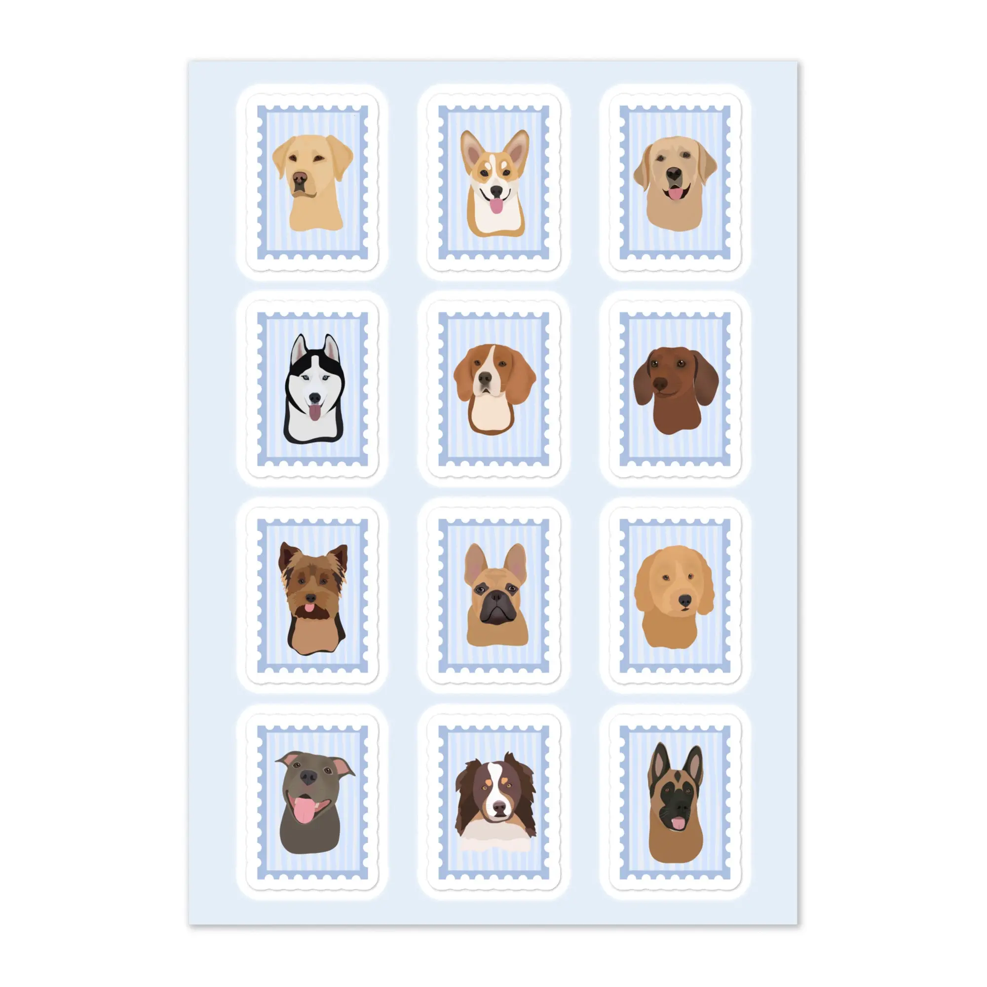 Blue Puppy Postage Stamp Sticker Sheet