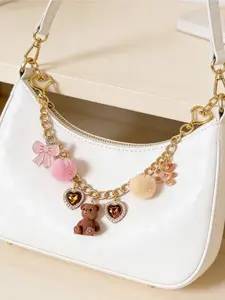 Cute Teddy Bear Bag Chain With Pink Bow Gold Tone Heart Clasp Bag Strap, Amber Heart Crystal Charms, Kawaii Bear Decorative Accessory For Handbags, Totes, Backpacks, Aesthetic Y2K Style Bag Extender Chain, Resin Bear Charms,