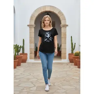 Black Gothic T-Shirt with Halftone Figure Design Fitted Short Sleeve Crew Neck Casual Rock Style for Summer 100% Cotton Comfortable