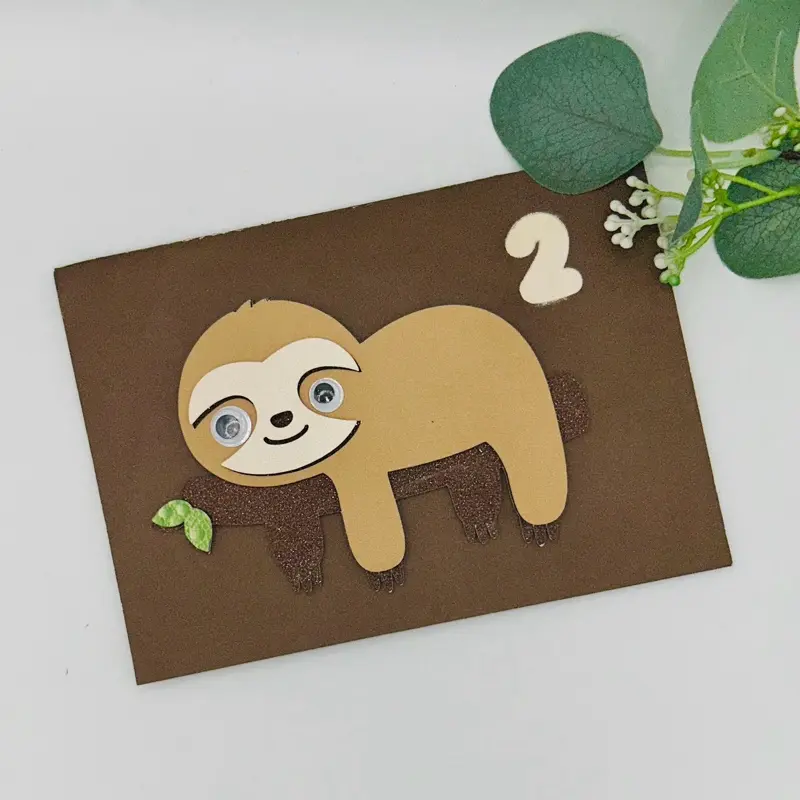 Child’s 2nd Birthday Handmade 3D Pop-up Sloth, Jungle Animal, Greeting Card • Personalized Card • Layered Paper Art • Cute Birthday Card For Boys or Girls • Gift For Kids • Zoo Birthday Party • Celebration • Keepsake Memorial • DIY Party Paper • 7in.x5in.