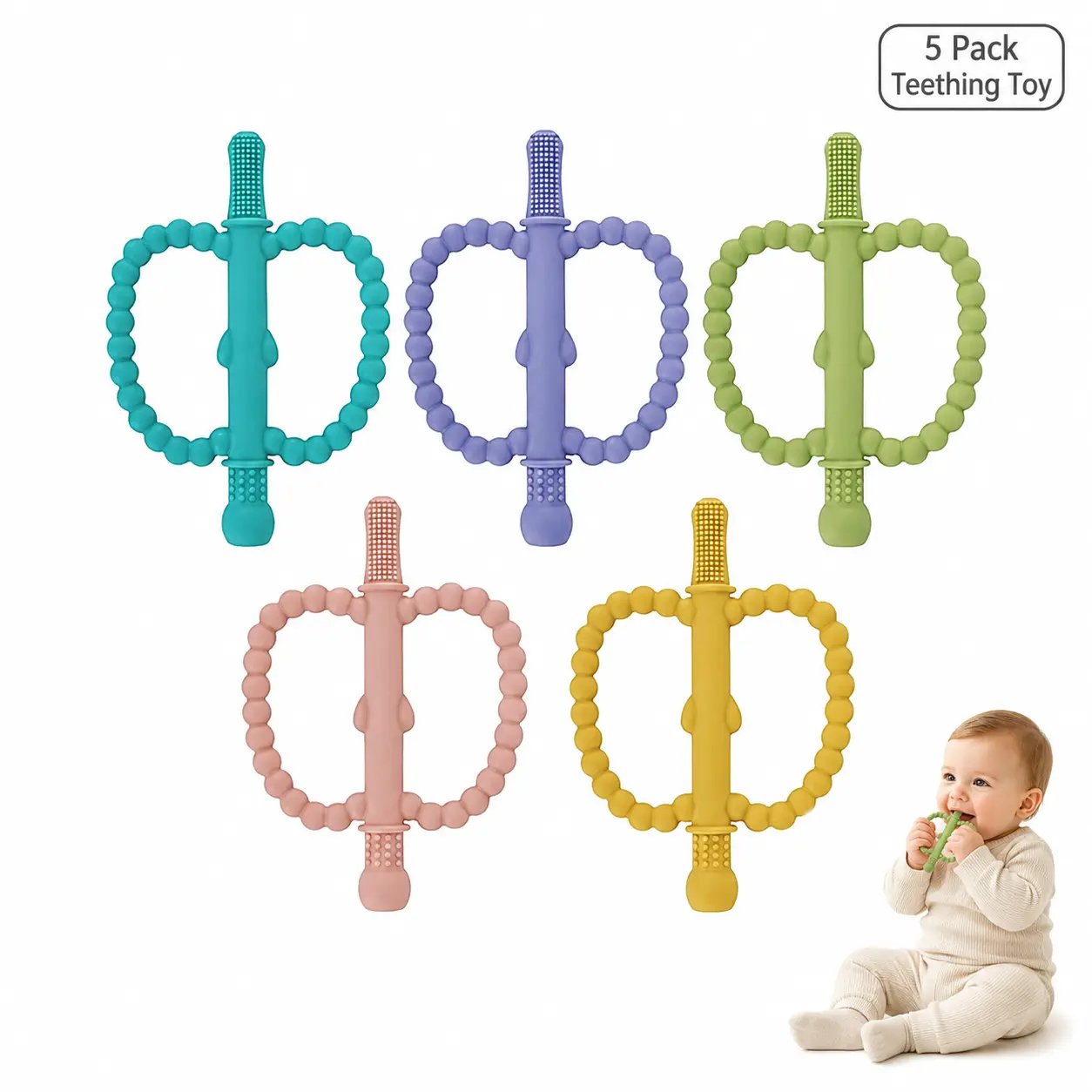 Baby Teether Toy 5 Pack, Silicone Teething Toys Apples Shape Design, Food Grade BPA Free Sensory Chew Toy, Soft Sensory Teething Toys for Infants, Easy Grip Gum Relief Toy for Babies 0-12 Months, Baby Gift