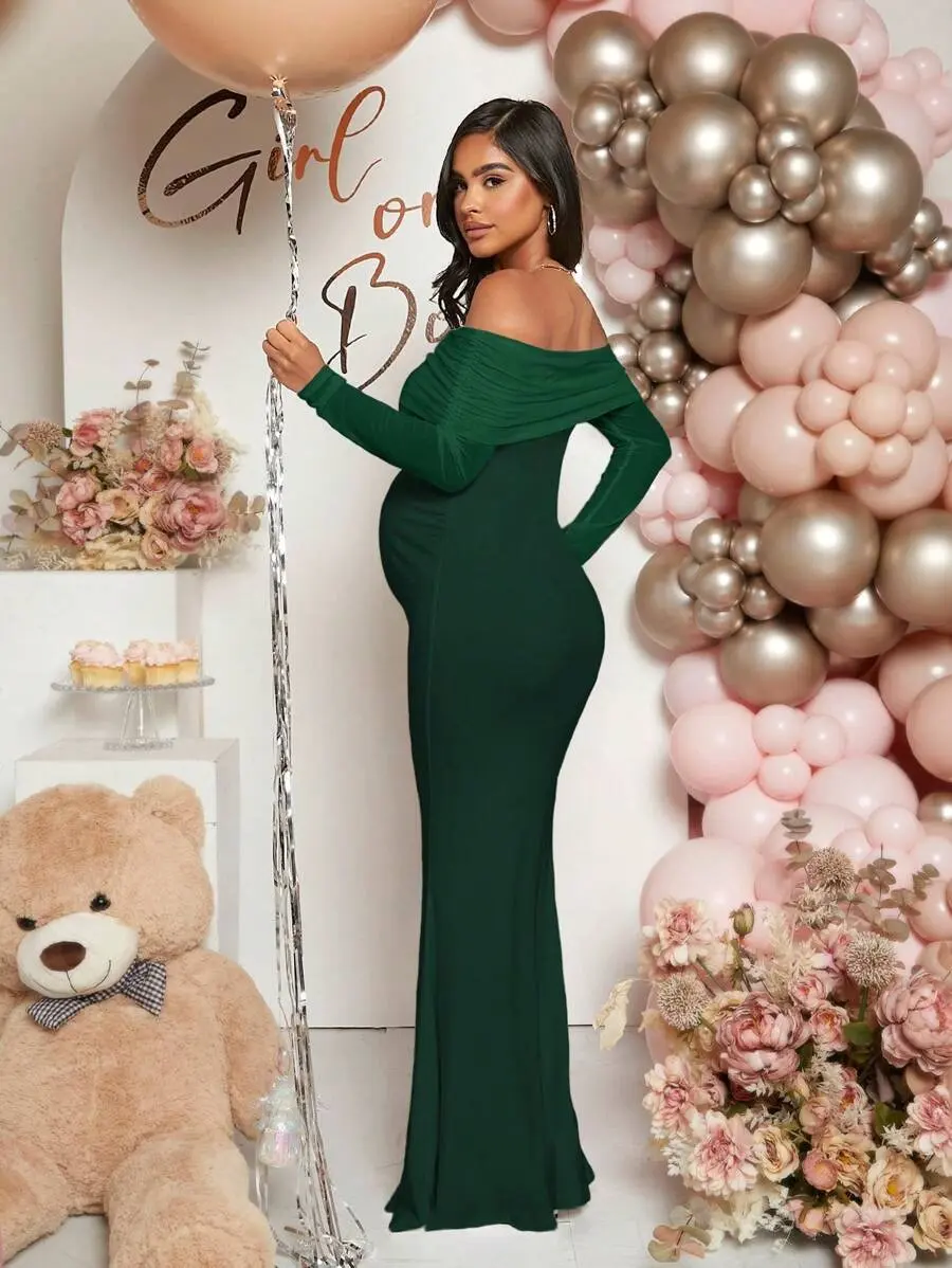 Loomaby Maternity Solid Color Off-Shoulder Dress, Baby Shower - TikTok Shop