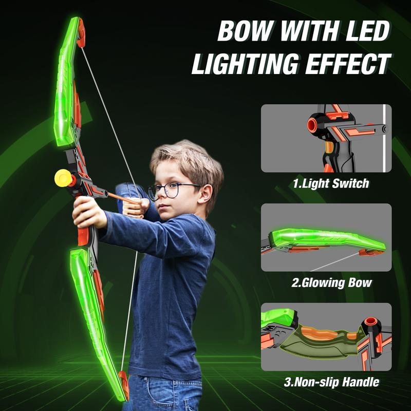 Bow and Arrow for Kids, LED Light Up Archery Set with 12 Suction Cup Arrows, 1 Standing Target, 3 Score Targets & 1 Quiver, Indoor Outdoor Sport Gifts for Boys Girls Ages 4-12, Green