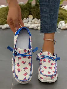 Autumn New Women's Casual Fashion Soft Flat Sole Shoes with Low-Cut Design and Round Toe, Lace-Up Slip-On Style with Flag Pattern for Everyday Wear Walking Shoes Casual Flat Footwear