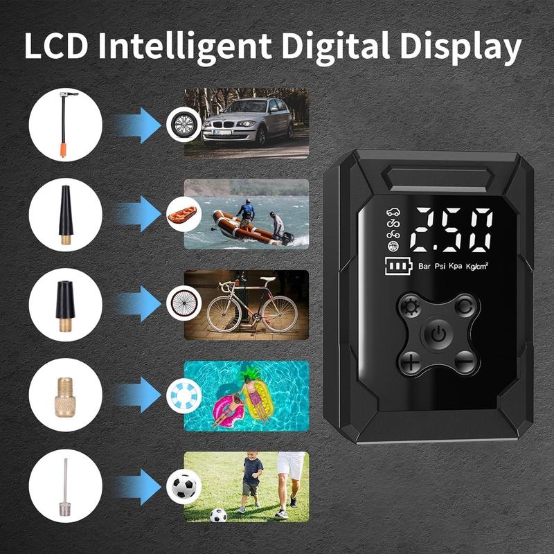 Portable Car Air Compressor, Car Tire Inflator with 4 Nozzles, 150PSI Electric Inflator with Digital LCD Display, Air Pump for Cars, Bicycles, Scooters, Motorcycles, Balls, A Christmas Gift for Dad