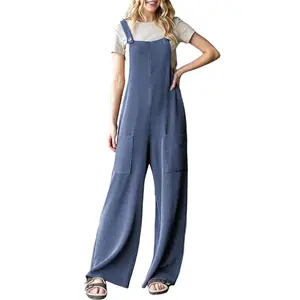 Dokotoo Women's Casual Jumpsuits Ribbed Front Pocket Loose Overalls One Piece Sleeveless Wide Leg Long Pant Rompers