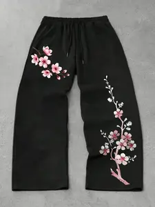 Men's Casual Sporty Long Pants, Cherry Blossom Print Sweatpants, Drawstring Wide Leg, Four-Season Leisure Wear, Loose-Fitting