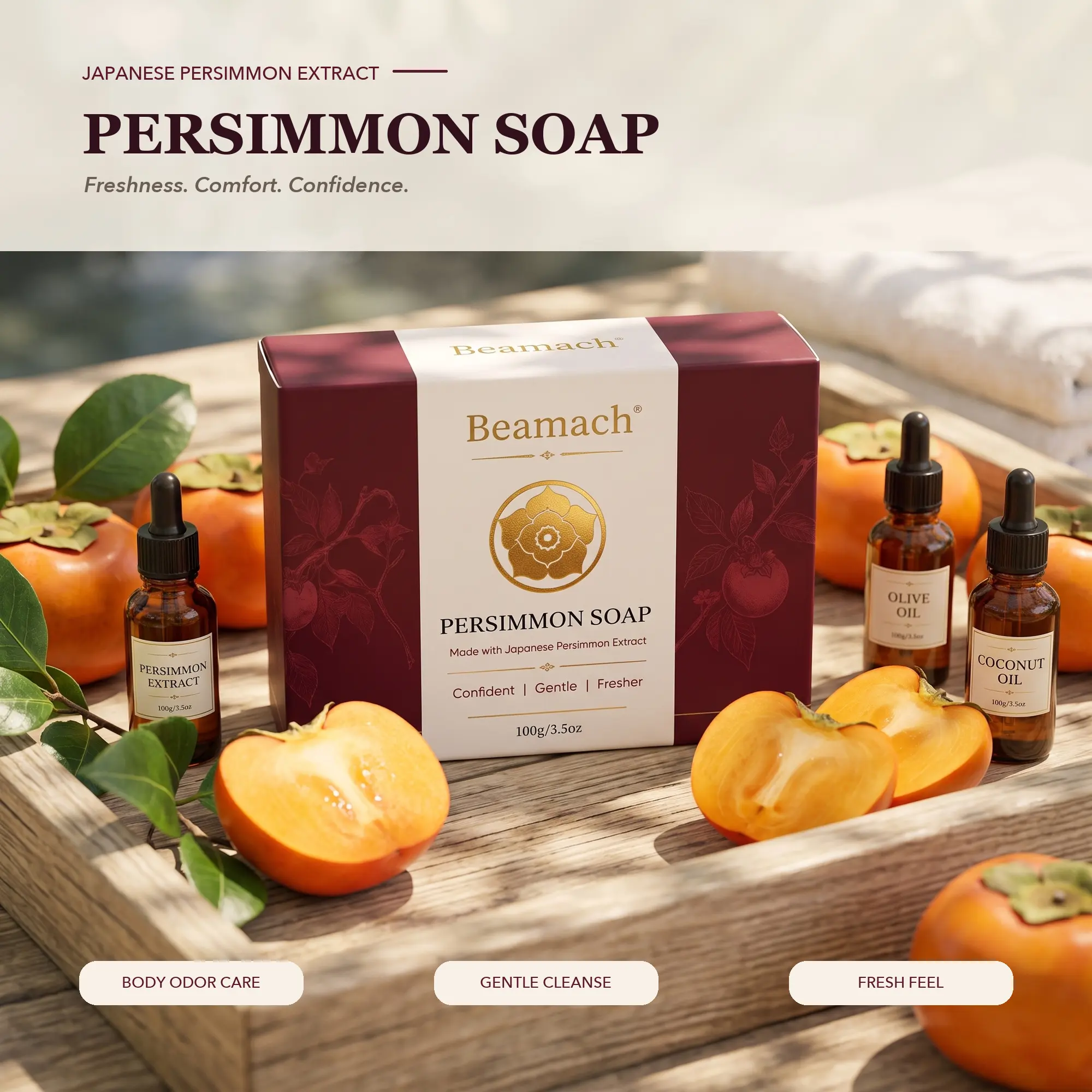 2Beamach Persimmon Soap for Old People Smell - Japanese Persimmon, Green Tea & Shea Butter Deodorant Soap Bar for Nonenal & Body Odor, Gentle Body Wash for Mature Skin, Includes Foaming Net