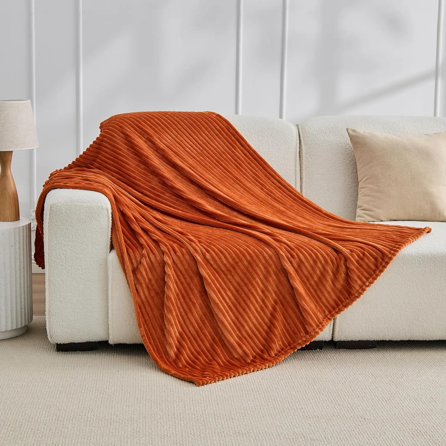Burnt Orange Fleece Throw Blanket, 300GSM Soft Warm Cozy Fluffy Throw for Babys & Pets, Stripe Pattern 50"x40", All Season Sofa Bed Blanket for Home Decor