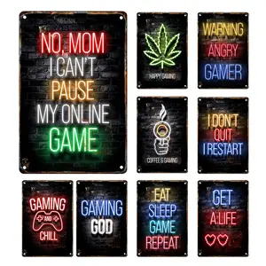 Gaming Room Tin Sign Metal Poster Wall Art Video Game Playroom Decor Picture Gamer Boy Neon Lights Letter Plate