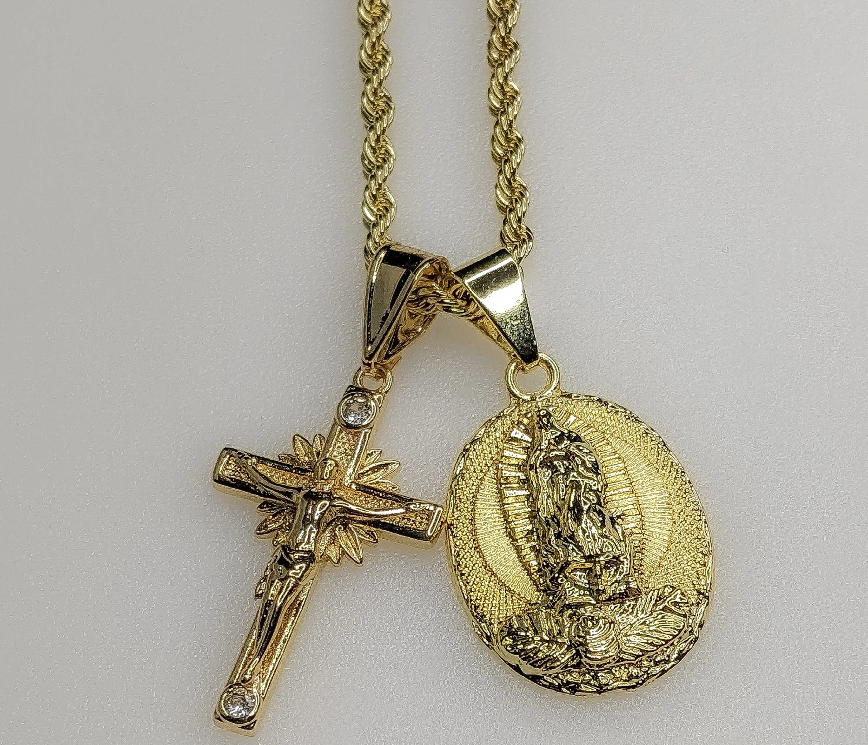 Virgin Mary Cross Double Pendants Charms 3mm Rope/Braided Plated Necklace