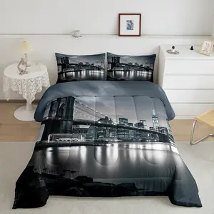 Brooklyn Bridge Soft Designer Comforter Set,New York City Black White Luxury Bedding Set,Famous Town Image Bedroom Home Decor Quilt Set Twin Queen