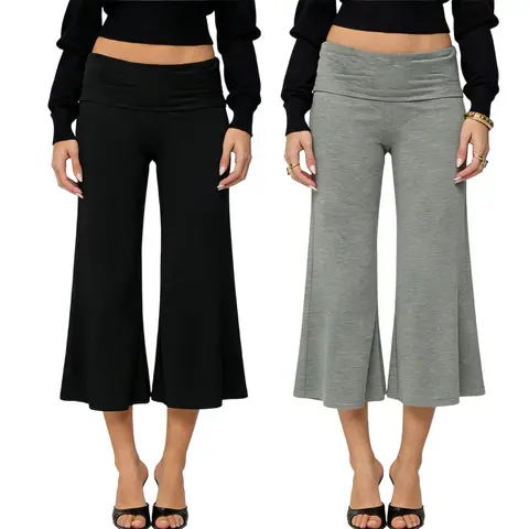Women's 100% Polyester Fashion Crop Wide-Leg Pants - Low Waist, Fold-Over Waistband, Flare Gauchos, Solid Color, Easy-to-Style, Machine Wash Bottoms