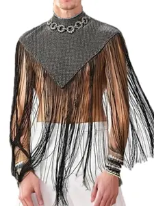 Men's Regular Fit Fringe Trim Mock Neck Cloak Knitwear, Fashion Street Tassel Hem Top for Daily Holiday Vacation Outdoor Wear, Men's Clothes for Summer, Soft Casual Knitwear