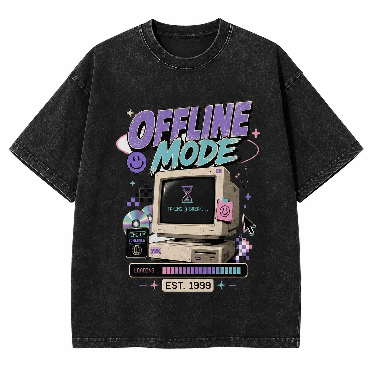 Unisex Short-Sleeve Round Neck T-Shirt - Vintage Washed Cotton Casual Top, Retro Computer Print, Relaxed Fit Sports Streetwear