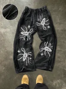 Men's Casual Cotton Pants with Spider Print, Fitted Ankle-Length Drawstring Waist, Street Style for All Seasons, Ideal Gift Choice