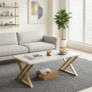 Modern Black Faux Marble Rectangular Coffee Table, Sturdy Black Metal Frame Accent Table, Industrial Wooden Tea Table for Living Room, Bedroom & Home Office