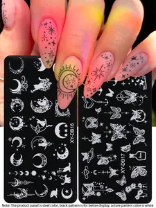 2pcs Moon Butterfly Nail Stamping Plates Cat And Crescent Moon Star Heart Y2K Image Design Nail Art Stamp Stencil Printing Template Manicure Accessories Tools For Women And Girls