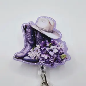 Western Cowgirl Purple Boots with Flowers and White Cowgirl Hat Glitter Acrylic Retractable Badge ID Reel Belt or Alligator Clip office accessory